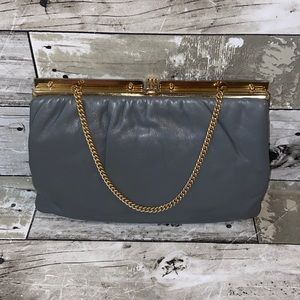 Vintage Gray Leather Gold Accent Hardware Chain Clasp Handbag